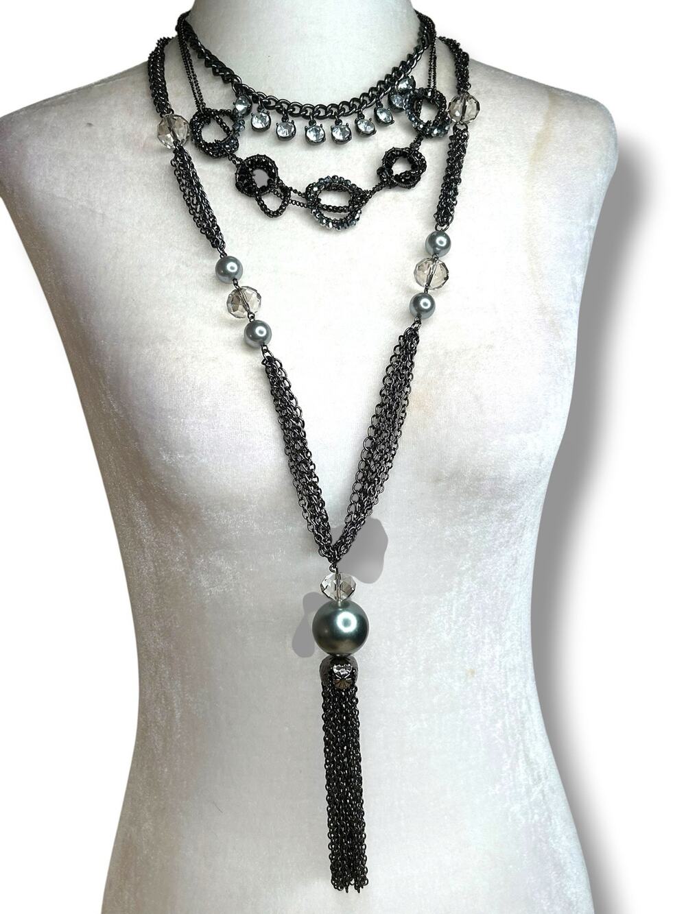 Sparkly Dark Silver Tone Necklaces Small Lot of 3 Necklaces Wearable Good